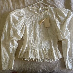 Doen Rosalind White Salt Eyelet Ruffle Puff Blouse